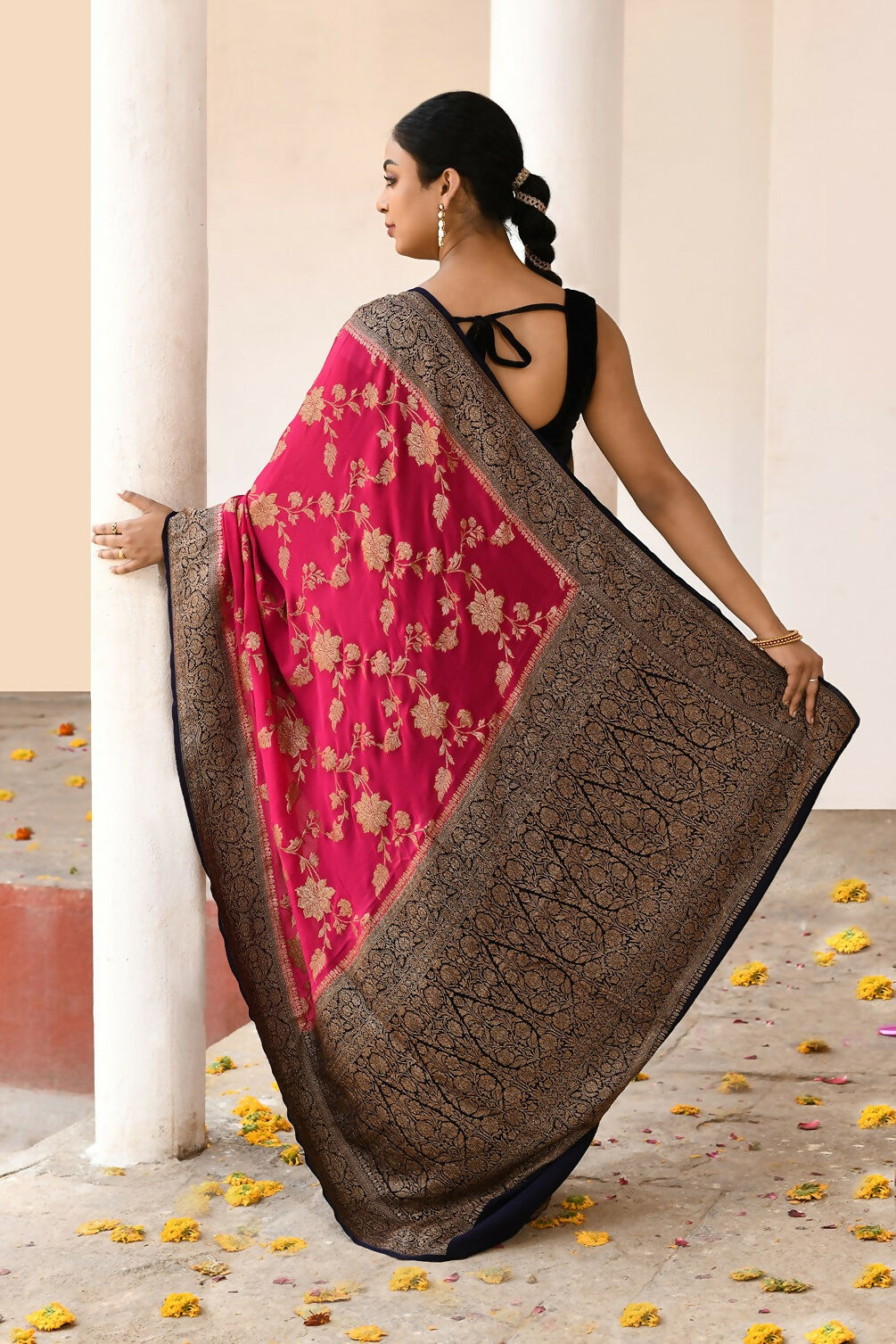 Joban Fashion Fuchsia Crepe Chiffon Pure Handloom Banarasi Silk Saree | Grocsy