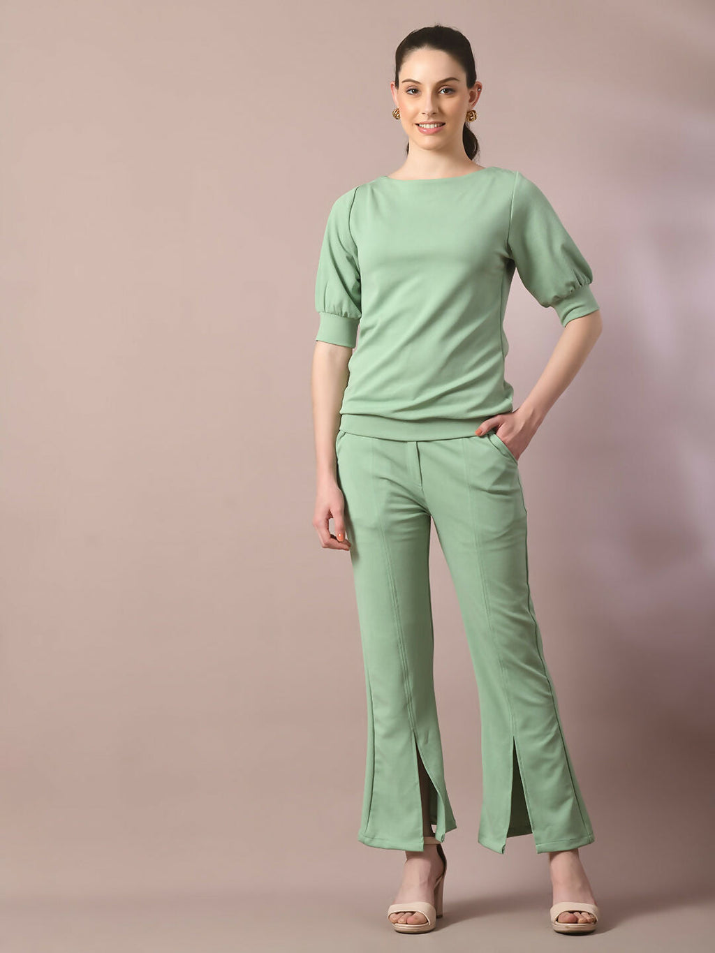 Myshka Women's Sea Green Solid Party Parallel Trousers | Grocsy