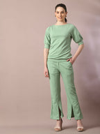 Myshka Women's Sea Green Solid Party Parallel Trousers | Grocsy