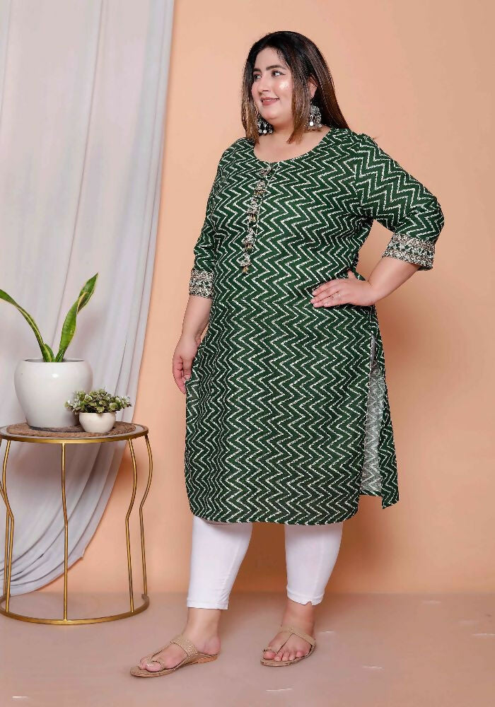 Miravan Womens Plus Size Green Zigzag Print Embroidery Rayon Straight Kurta | Grocsy