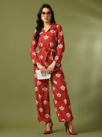 Myshka Women's Rust Printed Polo Collar Party Top With Trousers Co-ord set | Grocsy