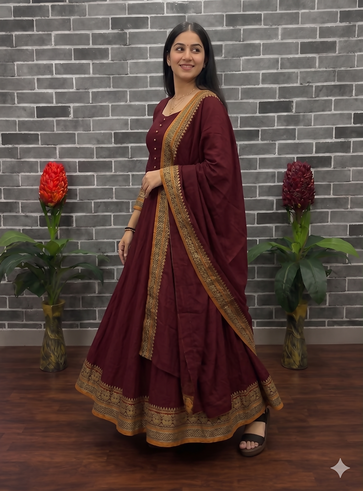 Teeya Creation New Trendy Stylish Maroon Solid Anarkali Kurta with Traditional Golden Border Dupatta Set | Grocsy