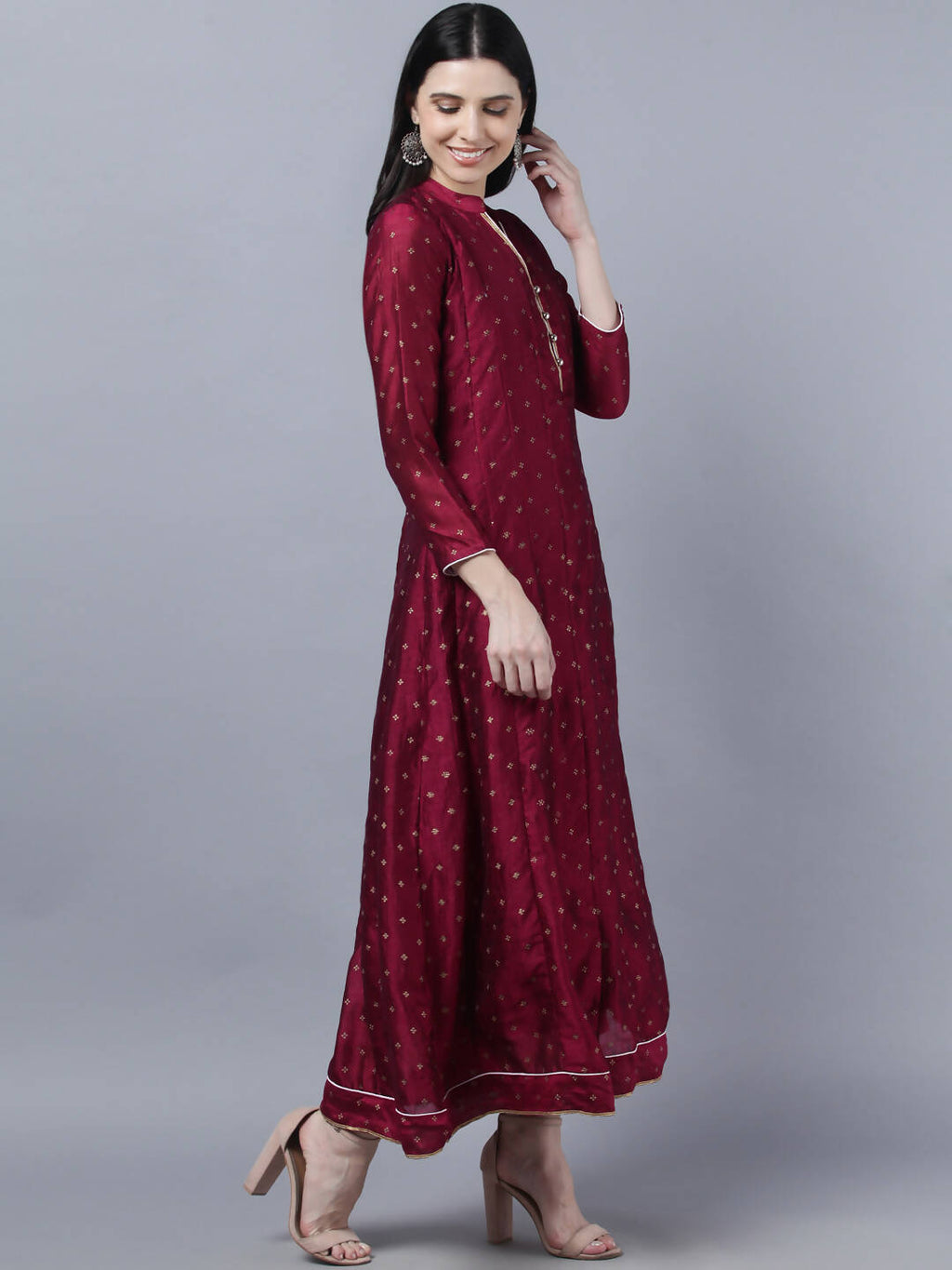Myshka Women Brown Gold-Toned Anarkali Kurta With Dupatta | Grocsy