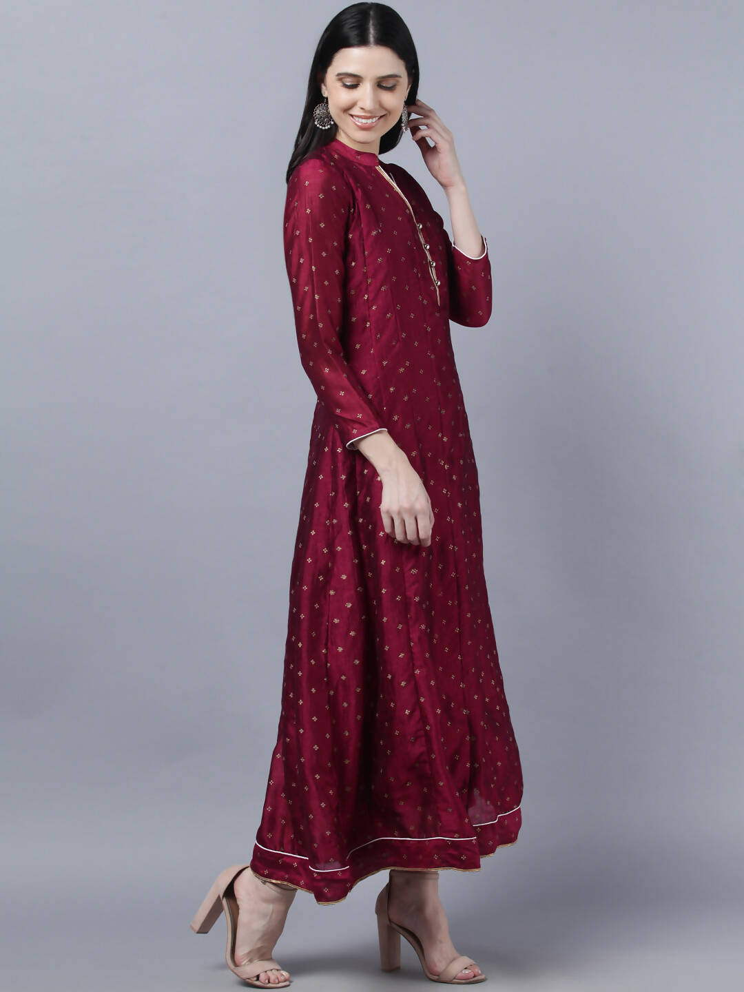 Myshka Women Brown Gold-Toned Anarkali Kurta With Dupatta | Grocsy