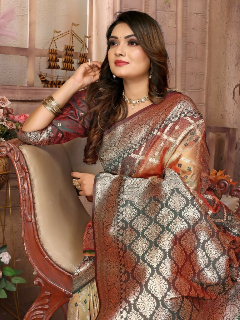 Anaita Brown kochi Silk With Beautiful Checks Weaving Saree With Blouse | Grocsy