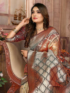 Anaita Brown kochi Silk With Beautiful Checks Weaving Saree With Blouse | Grocsy