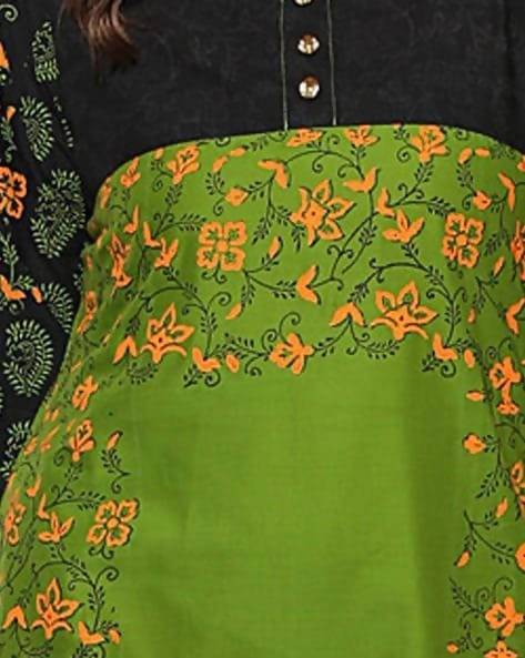 Cheera Hand Block Print Olive Green And Black Anarkali Kurta (MAAI-069K) | Grocsy