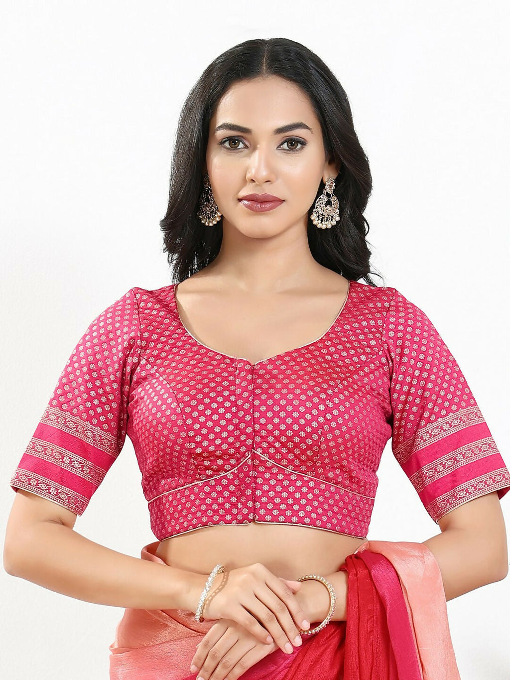 Joban Fashion South Pink Brocade Padded Blouse With Round Neck Elbow Sleeves | Grocsy