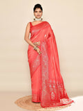 Joban Fashion Peach & Red Plain With Weaving Border Banarasi Silk Sarees | Grocsy