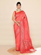Joban Fashion Peach & Red Plain With Weaving Border Banarasi Silk Sarees | Grocsy