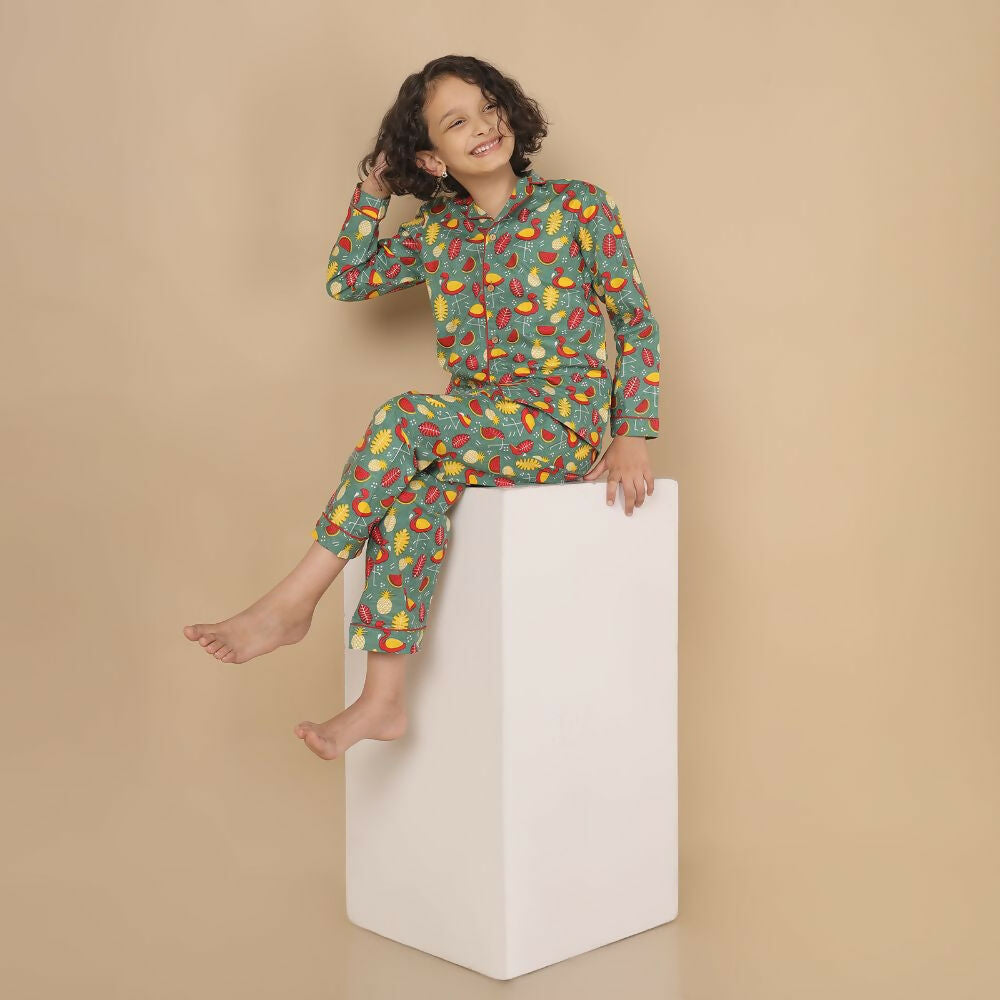 Breathables Kids Cotton Watermelon & Pineapple Print Night Suit – Green Full Sleeves Shirt & Pant Co-Ord Set | Nightwear | Grocsy