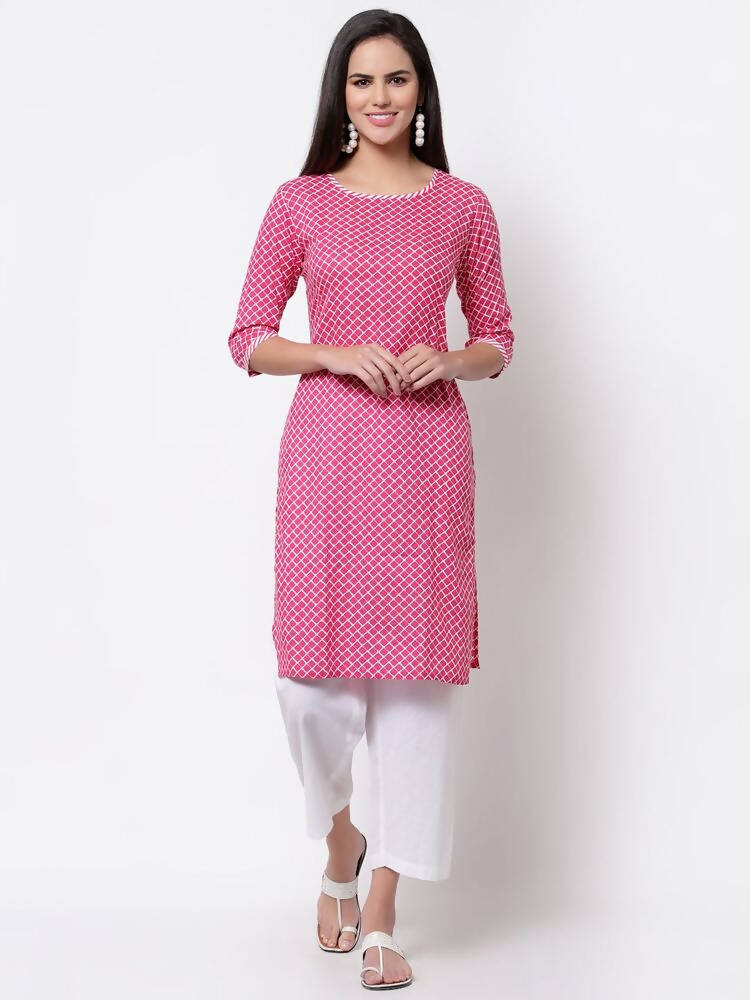 Myshka Women's Pink Cotton 3/4 Sleeve Round Neck Printed Casual Kurta | Grocsy