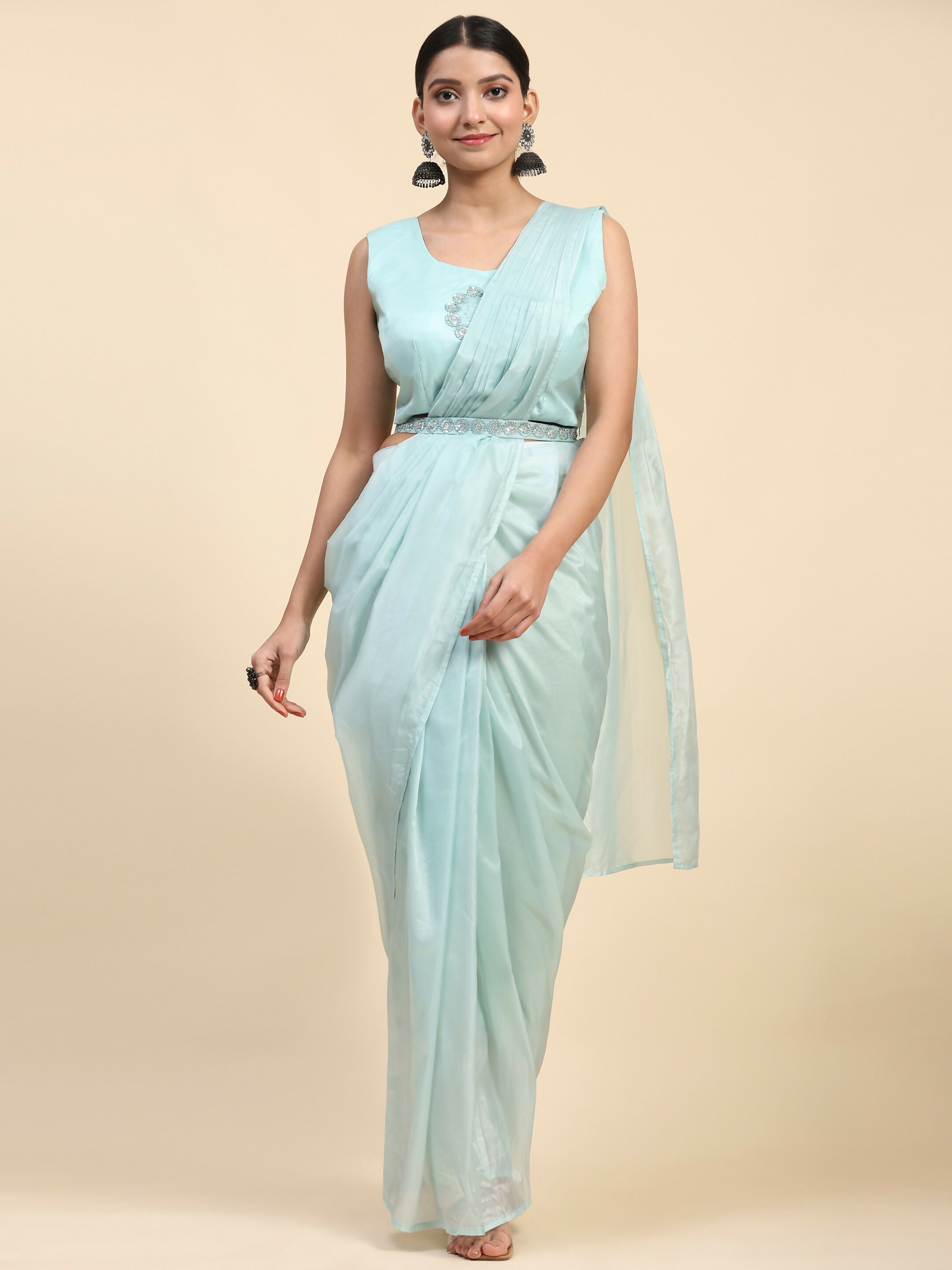 Blue Satin Solid Ready to wear Saree with stitched Blouse - Vanita | Grocsy
