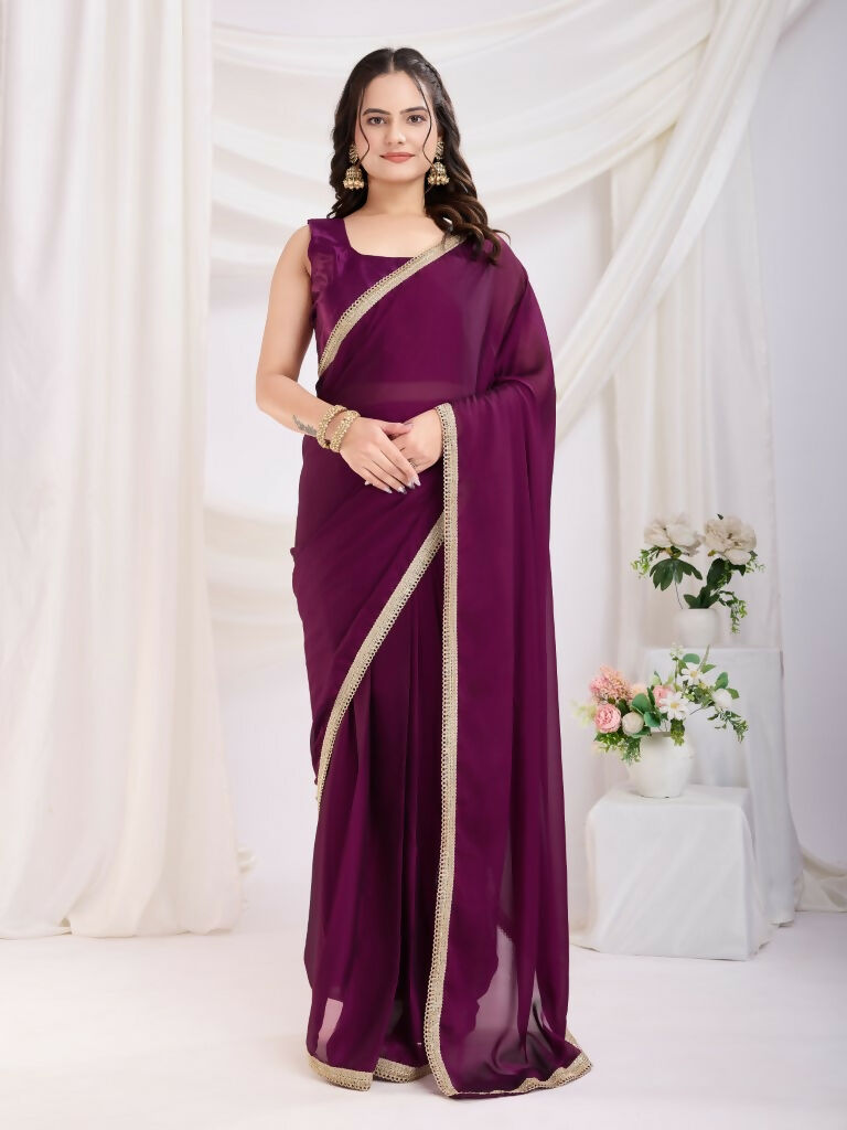 Purple Rangoli Silk Solid, Lace Border Ready To Wear Saree - Kashvi | Grocsy