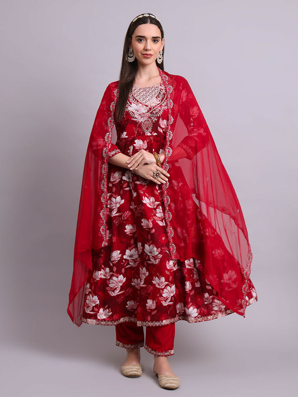 Joban Fashion Mahroon Cotton Floral Printed & Embroidery Work Anarkali Kurta With Trousers & Dupatta Set | Grocsy
