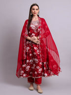 Joban Fashion Mahroon Cotton Floral Printed & Embroidery Work Anarkali Kurta With Trousers & Dupatta Set | Grocsy