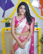 DEIANA'S Beautiful Designer Golden zari Soft Lichi Silk Saree - White | Grocsy