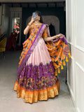 Vastranavya Kalamkari Print With Weaving Border Lehenga with Unstitched Blouse - Purple | Grocsy