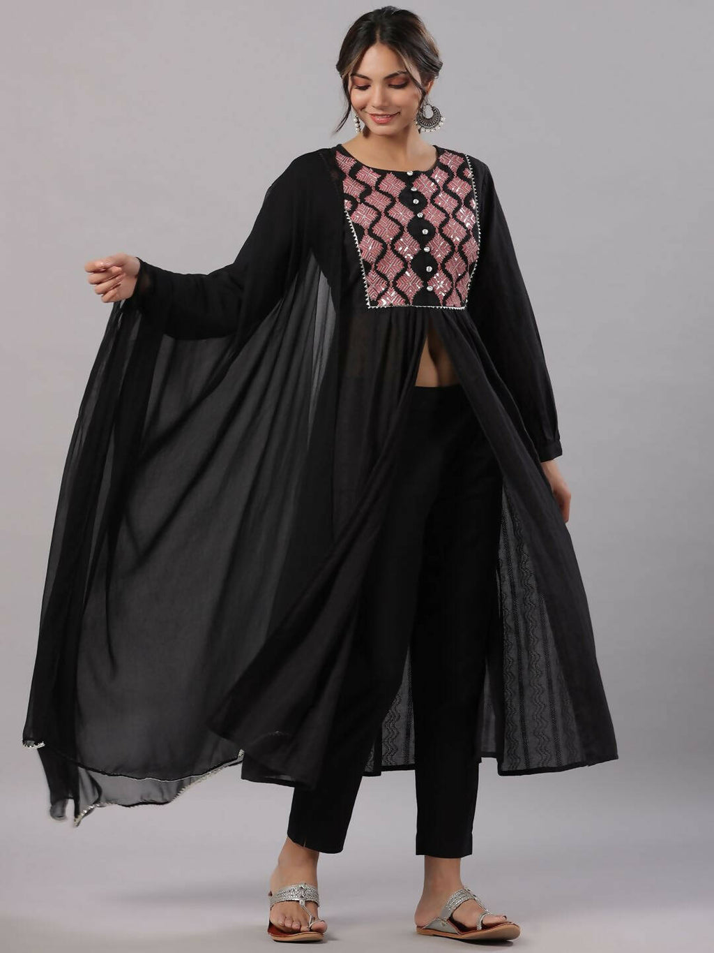 Juniper Women's Black Cotton Dobby Solid With Embroidery Flared Kurta Sets | Grocsy