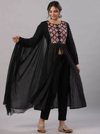 Juniper Women's Black Cotton Dobby Solid With Embroidery Flared Kurta Sets | Grocsy