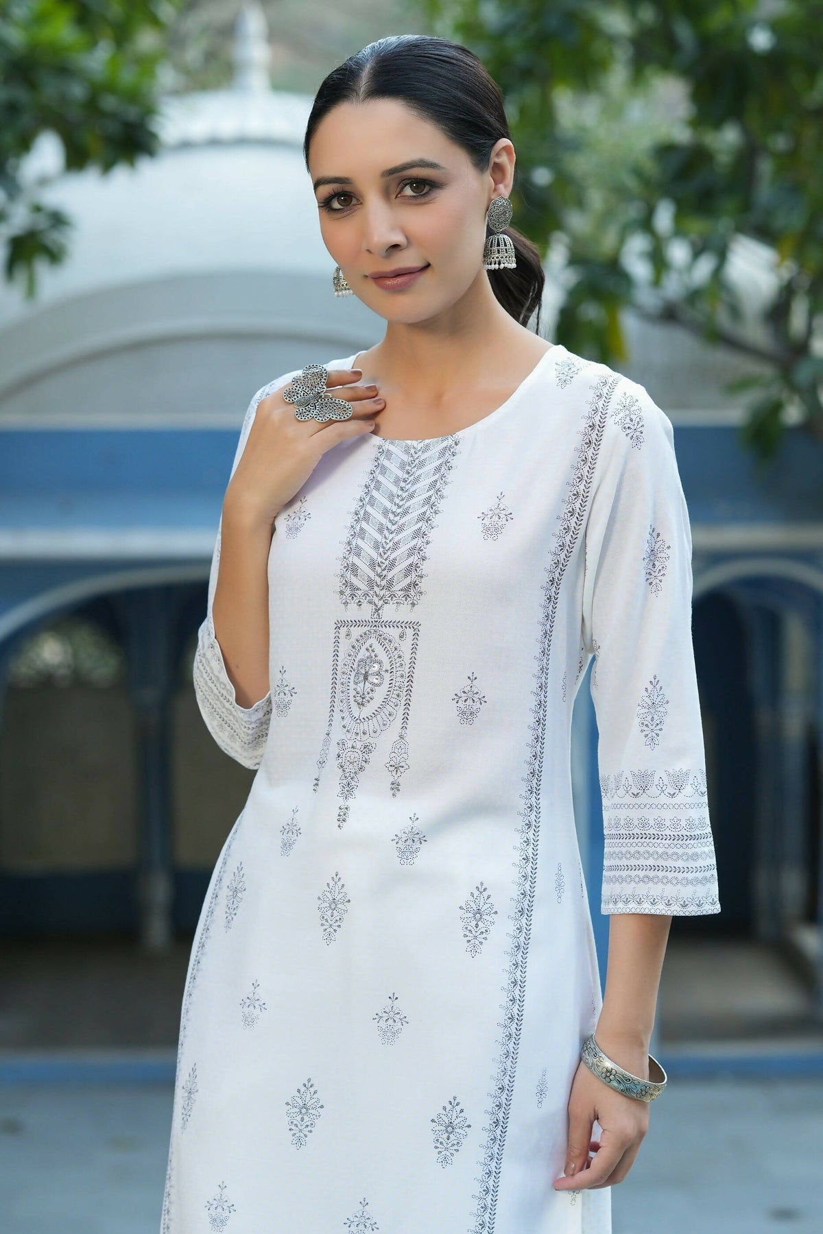 Juniper Women's White Rayon Placement Printed Straight Kurta | Grocsy