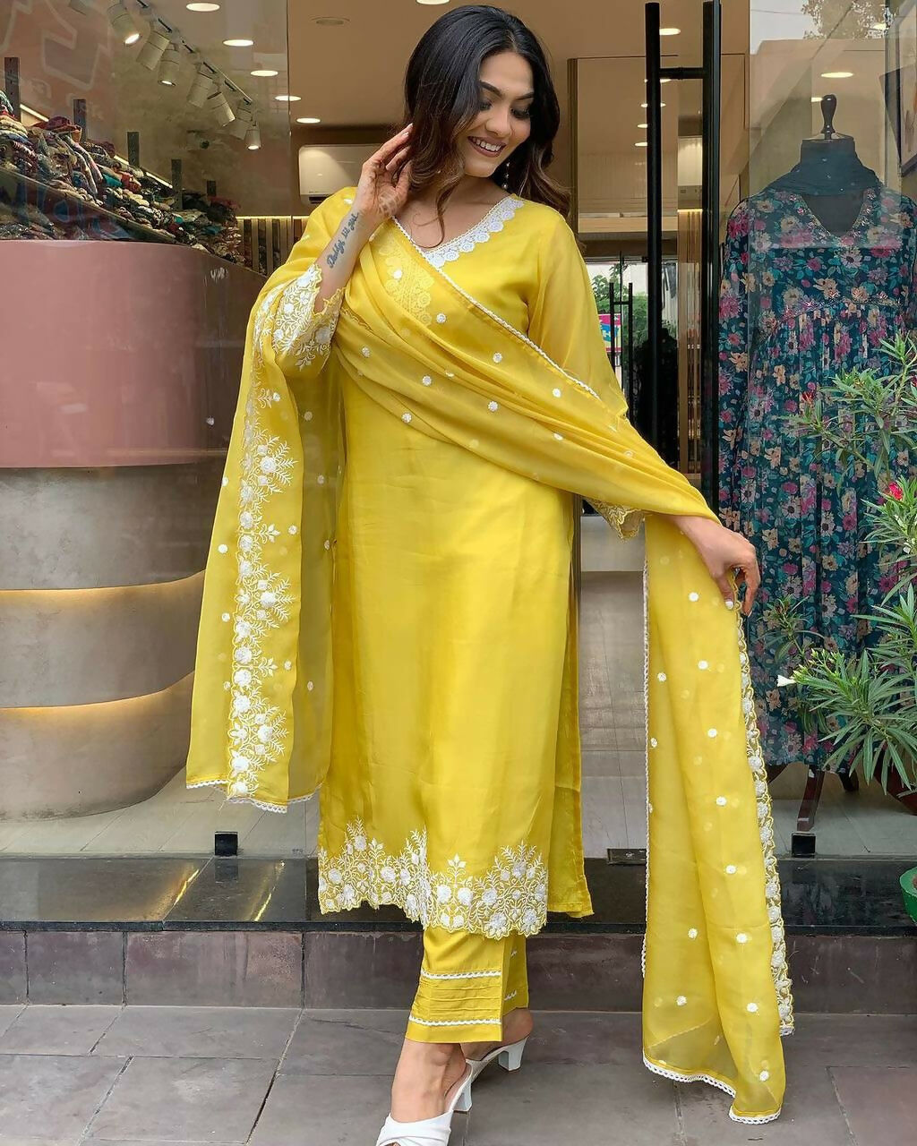 The52 Yellow Women's Gorgeous Embroidered Georgette Fabric Straight Kurta Pant with Dupatta Set | Grocsy