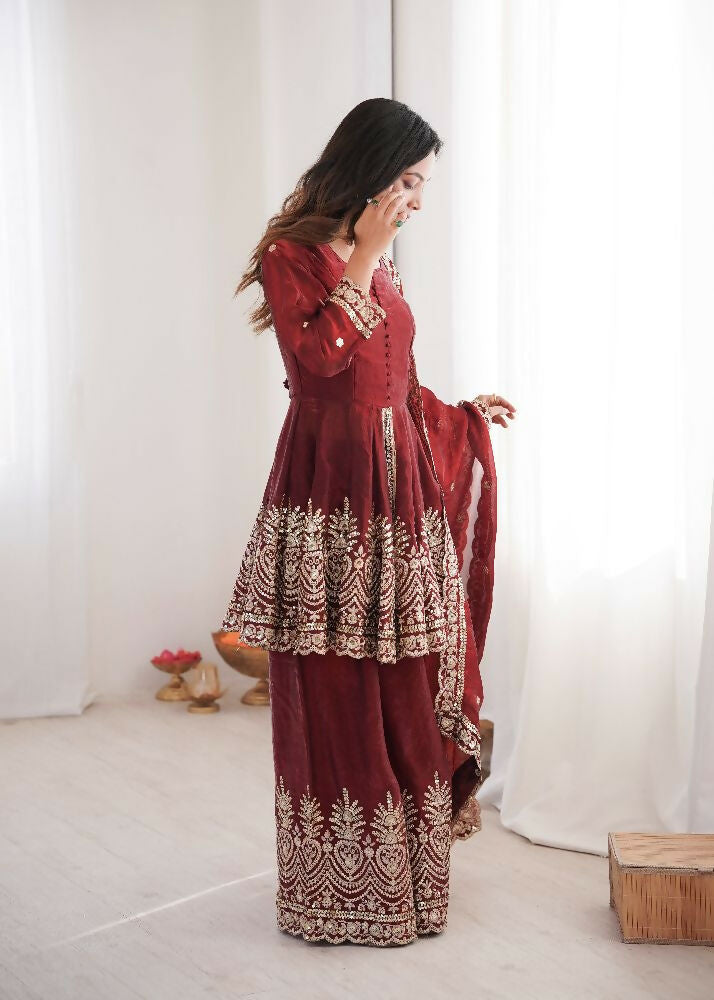 Teeya Creation Maroon Color Fendy Satin Silk Embroidery Work Party Wear Salwar Suit | Grocsy
