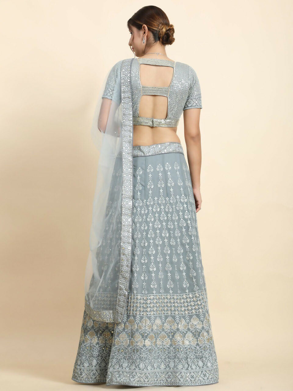 Jyoti Fashion Mesmerizing Grey Faux Georgette 3MM Sequins with Thread & Jari Embroidery Lehenga Choli with Dupatta | Grocsy