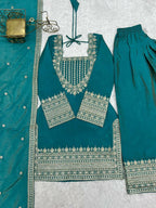 Teeya Creation Designer Rama Green Embroidered Kurta Afghani Pant Set For Festivals | Grocsy