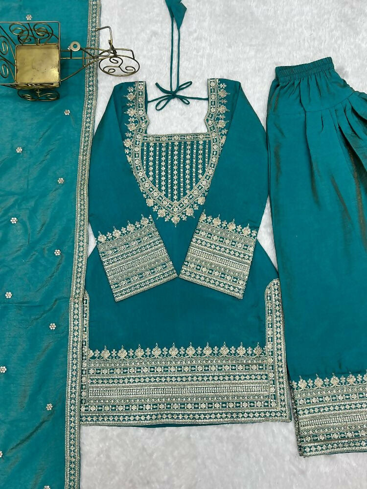 Teeya Creation Designer Rama Green Embroidered Kurta Afghani Pant Set For Festivals | Grocsy
