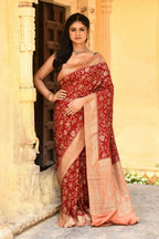 Joban Fashion Red Crepe Chiffon Pure Handloom Banarasi Silk Saree | Grocsy