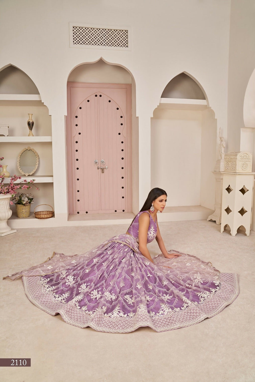 Eilara Women'S Lavender Butterfly Net White Cotton Thread And Zari Sequence Embroidered Work Lehenga Choli For Wedding | Grocsy