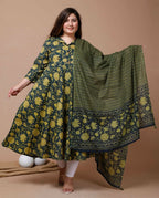 Miravan Women's Plus Size Floral Green Printed Cotton Anarkali Kurta With Dupatta | Grocsy
