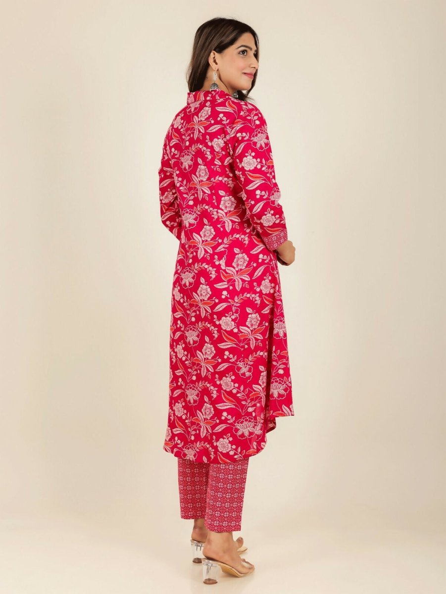 Aramya Red Soft Cotton Floral Print High Low Kurta Pant Set for Women | Grocsy