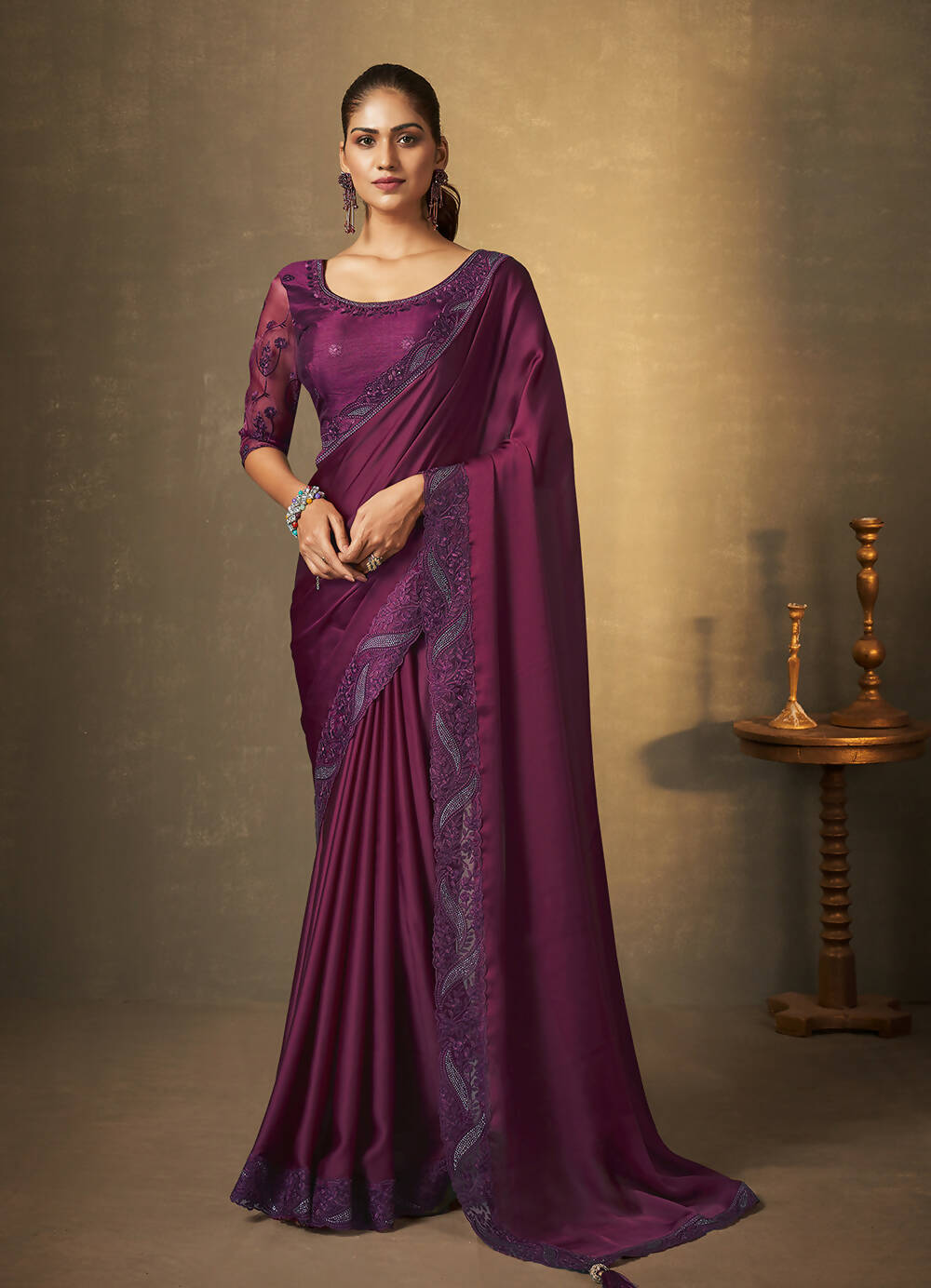 Purple Satin Silk Thread Embroidered with Swaroski Work Saree With Unstitched Blouse Piece - Norita Royal Erisha | Grocsy