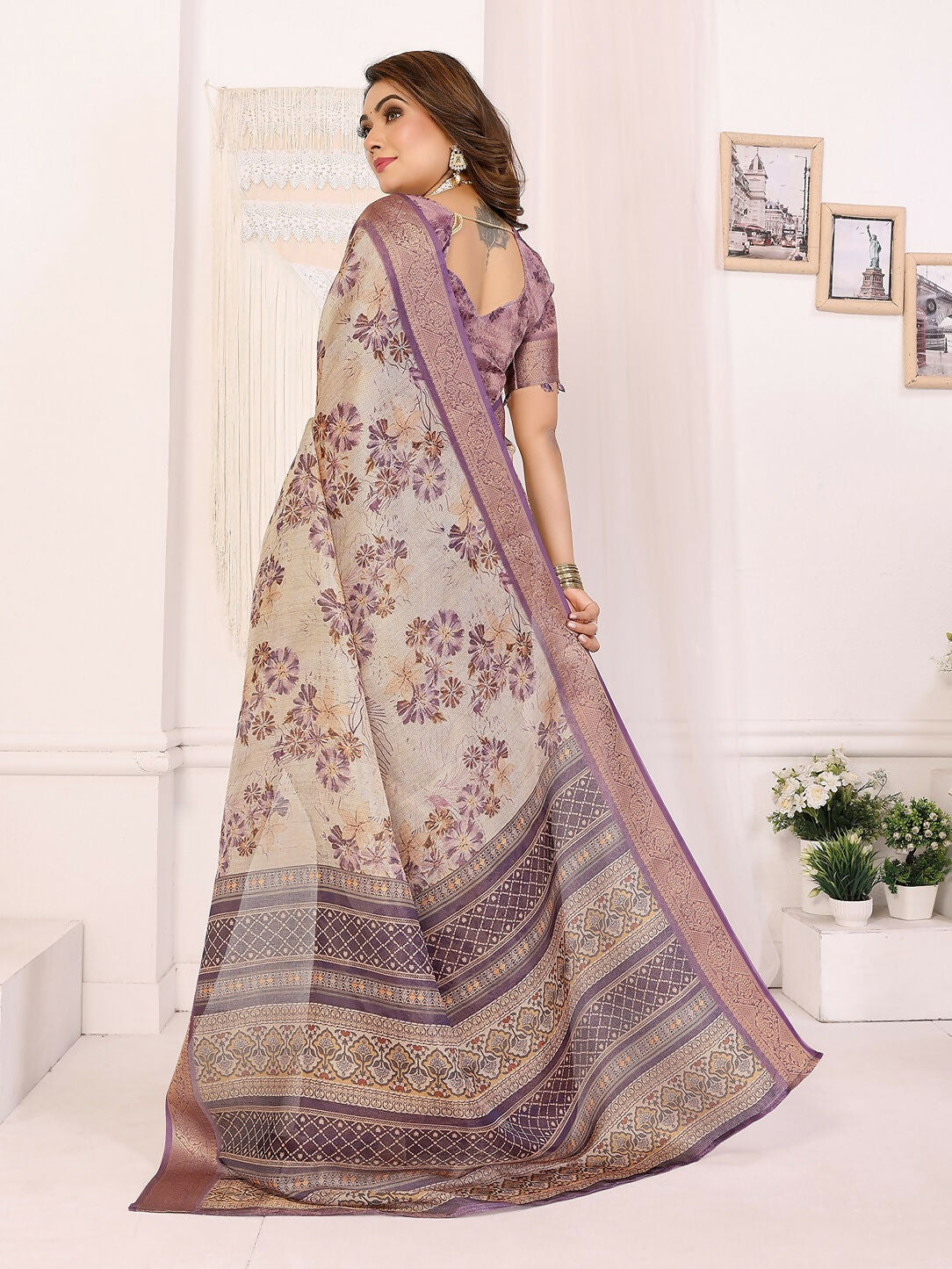 Joban Fashion Lavender Floral Print pattern Banarasi Silk Sarees | Grocsy