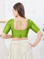 Joban Fashion Parrot-Green Dupion Silk Elbow Sleeveless Front Open Blouse | Grocsy