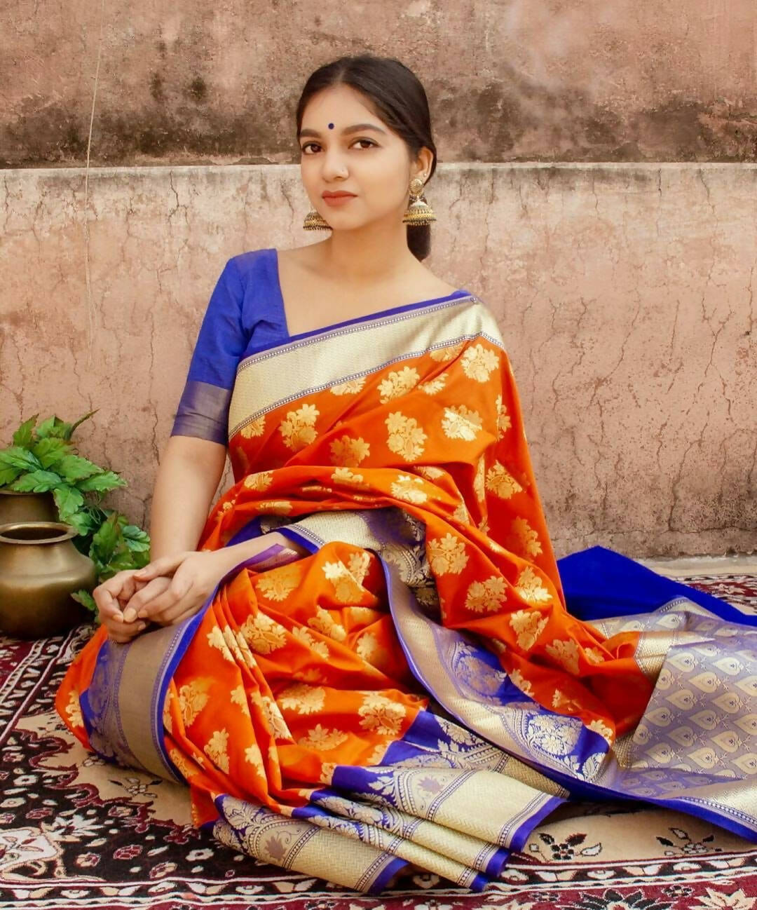 DEIANA'S Beautiful Designer Golden zari Soft Lichi Silk Saree - Orange | Grocsy