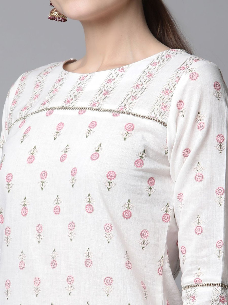 Ahalyaa Women White Pure Cotton Printed Kurta Pant Set | Grocsy