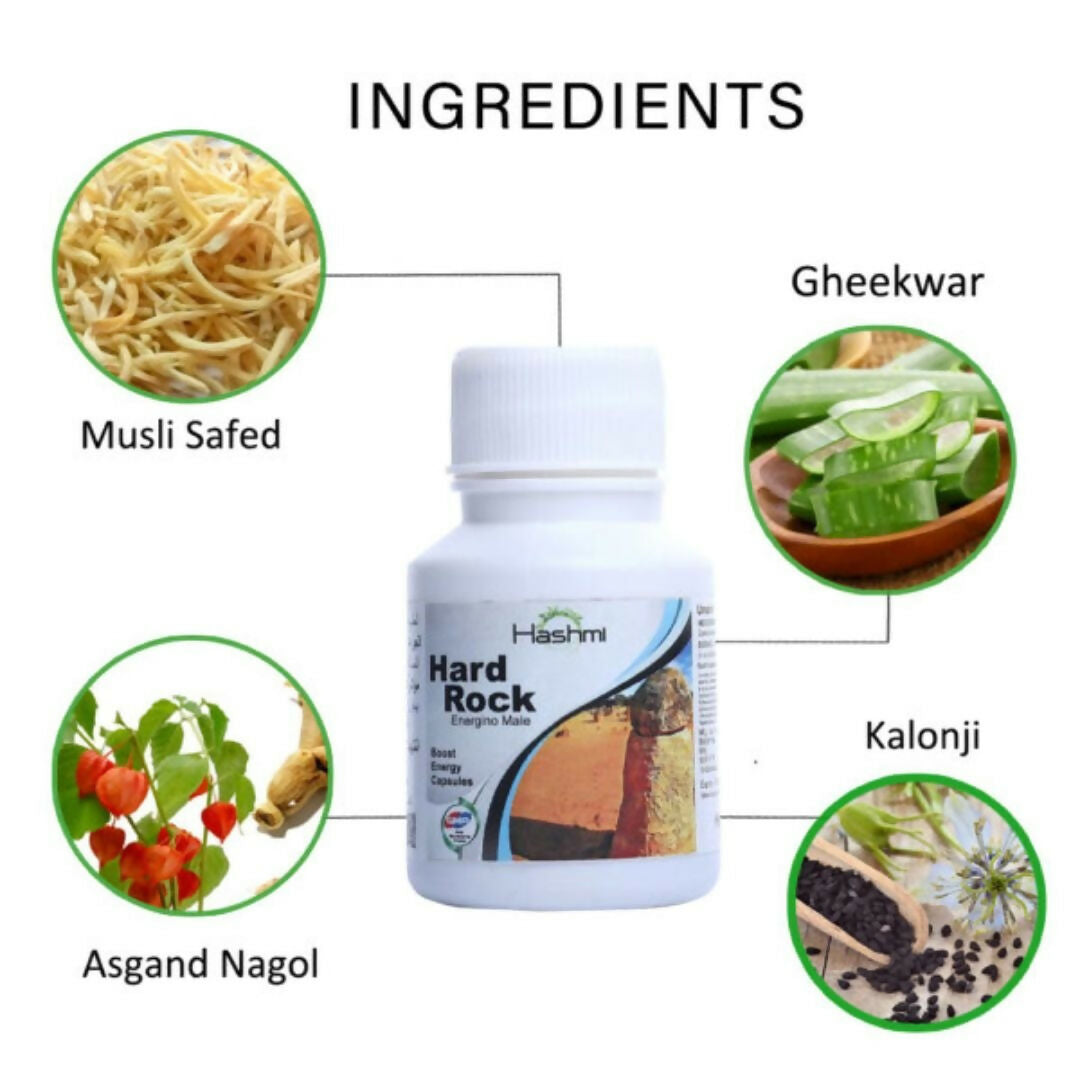 Hashmi Pharmacy Hard Rock Capsules are formulated with natural ingredients like Ashwagandha, Safed Musli, Gokshur, Gheekwar, and more. | Grocsy