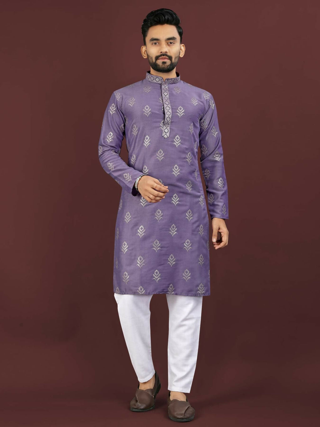 Anaita Purple Embroidered Silk Straight Kurta | Grocsy