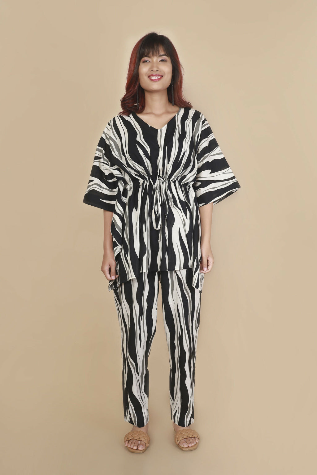 Breathables Women’S Loungewear Kaftan Cotton Black & White Abstract Print Co-Ord Set | Grocsy