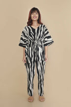 Breathables Women’S Loungewear Kaftan Cotton Black & White Abstract Print Co-Ord Set | Grocsy