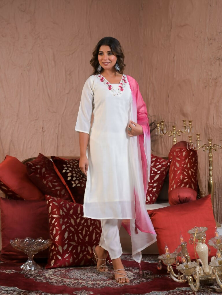 Ethnic Festive Wear Viscose Chanderi White Stitched Suit With Dupatta - Tanisha | Grocsy