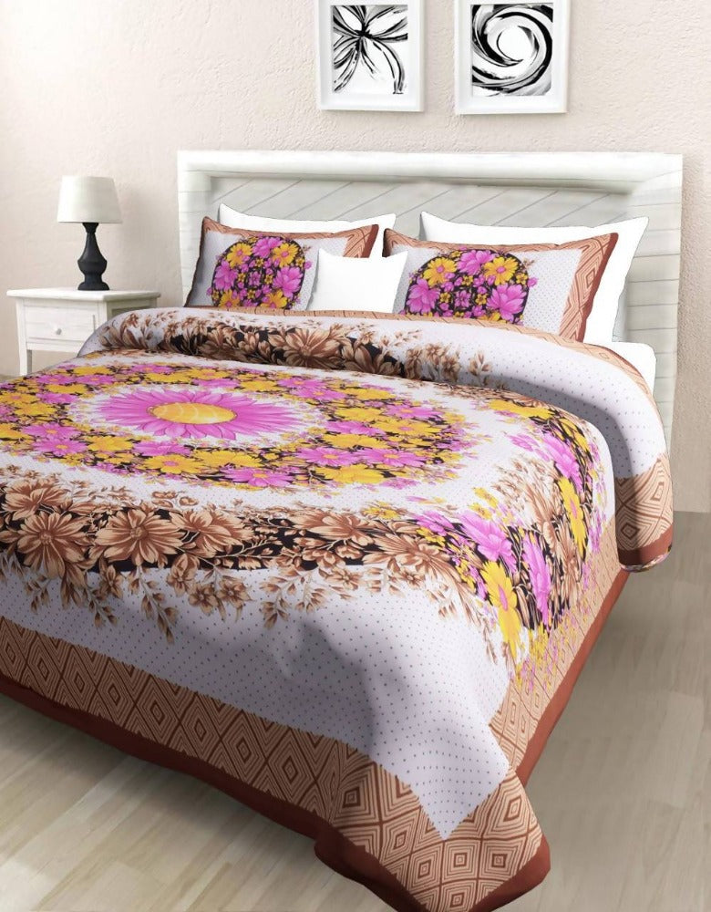 Vamika Printed Cotton Brown Bedsheet With Pillow Covers (PM Floral Brown) | Grocsy