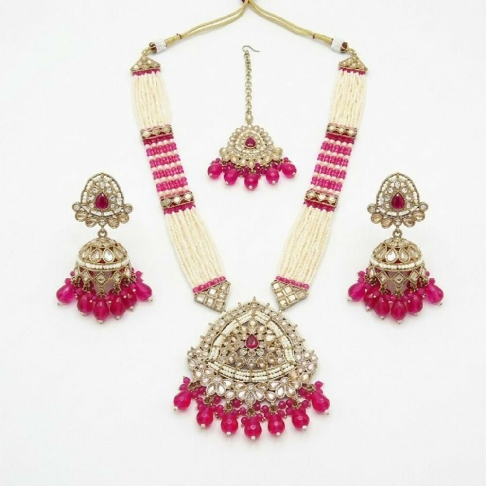 Jewel City Long Pearl Mala Golden Rainbow Diamond Studded Jumkee Tikka Necklace Set | Grocsy