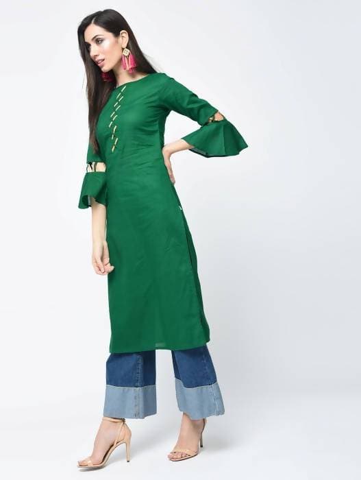 Aniyah Cotton Criss Cross Bell Sleeves Straight Thick Green Kurta (AN-101K) | Grocsy