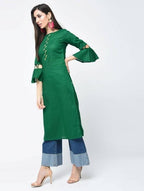 Aniyah Cotton Criss Cross Bell Sleeves Straight Thick Green Kurta (AN-101K) | Grocsy