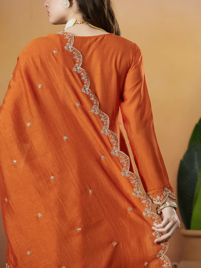 The52 Orange Women's Beautiful Vichitra Silk Fabric Embroidered Work Flared Anarkali Pant and Dupatta Set | Grocsy