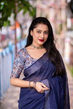 Blue Linen Sequence Saree with Unstitched Blouse - Hiral Fashion | Grocsy